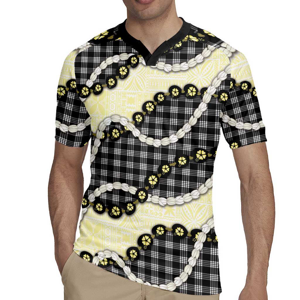 Black Palaka Hawaii Rugby Jersey Kukui Nut Pikake Lei Hawaiian Tapa Pattern - Polynesian Pride