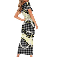 Black Palaka Hawaii Short Sleeve Bodycon Dress Kukui Nut Pikake Lei Hawaiian Tapa Pattern - Polynesian Pride