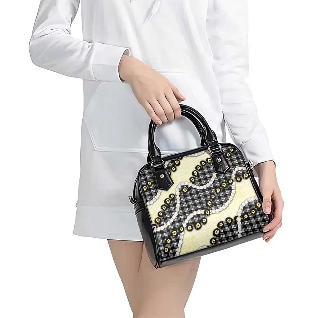 Black Palaka Hawaii Shoulder Handbag Kukui Nut Pikake Lei Hawaiian Tapa Pattern - Polynesian Pride