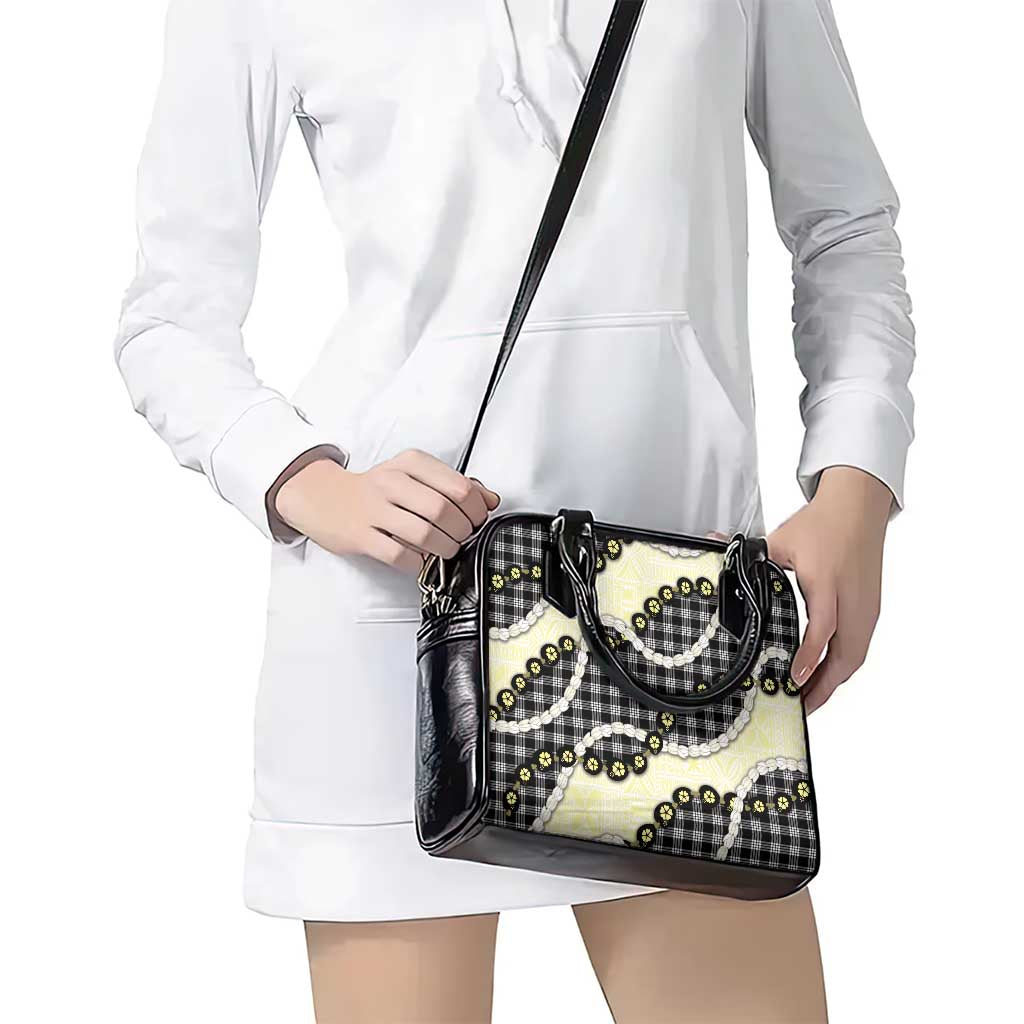 Black Palaka Hawaii Shoulder Handbag Kukui Nut Pikake Lei Hawaiian Tapa Pattern - Polynesian Pride