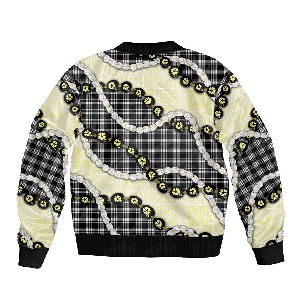 Black Palaka Hawaii Sleeve Zip Bomber Jacket Kukui Nut Pikake Lei Hawaiian Tapa Pattern - Polynesian Pride