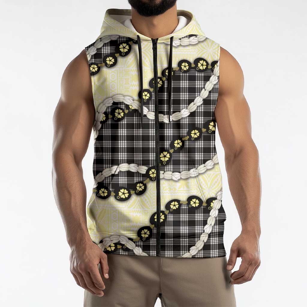Black Palaka Hawaii Sleeveless Zip Hoodie Kukui Nut Pikake Lei Hawaiian Tapa Pattern - Polynesian Pride