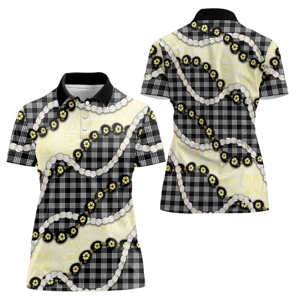Black Palaka Hawaii Women Polo Shirt Kukui Nut Pikake Lei Hawaiian Tapa Pattern - Polynesian Pride