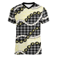 Black Palaka Hawaii Women V-Neck T-Shirt Kukui Nut Pikake Lei Hawaiian Tapa Pattern - Polynesian Pride