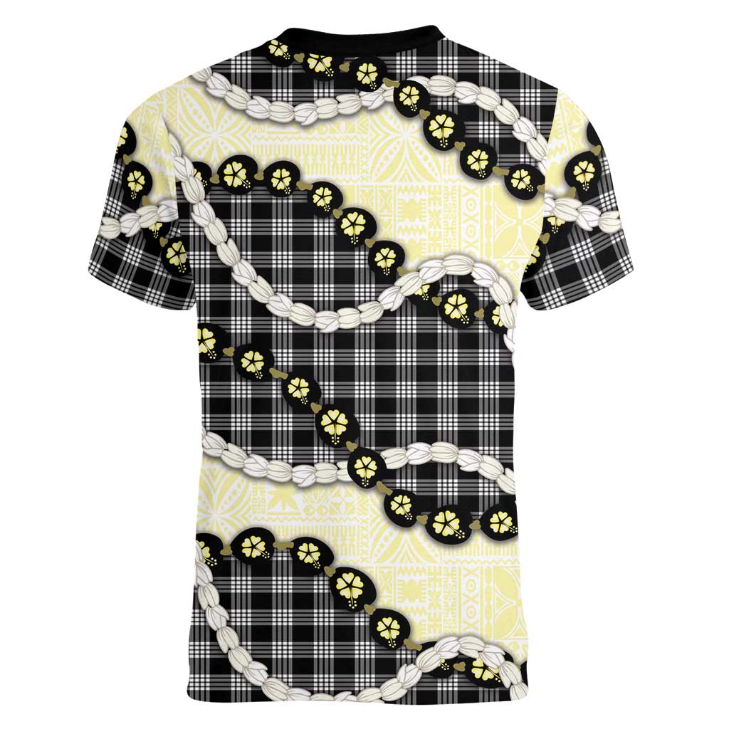 Black Palaka Hawaii Women V-Neck T-Shirt Kukui Nut Pikake Lei Hawaiian Tapa Pattern - Polynesian Pride