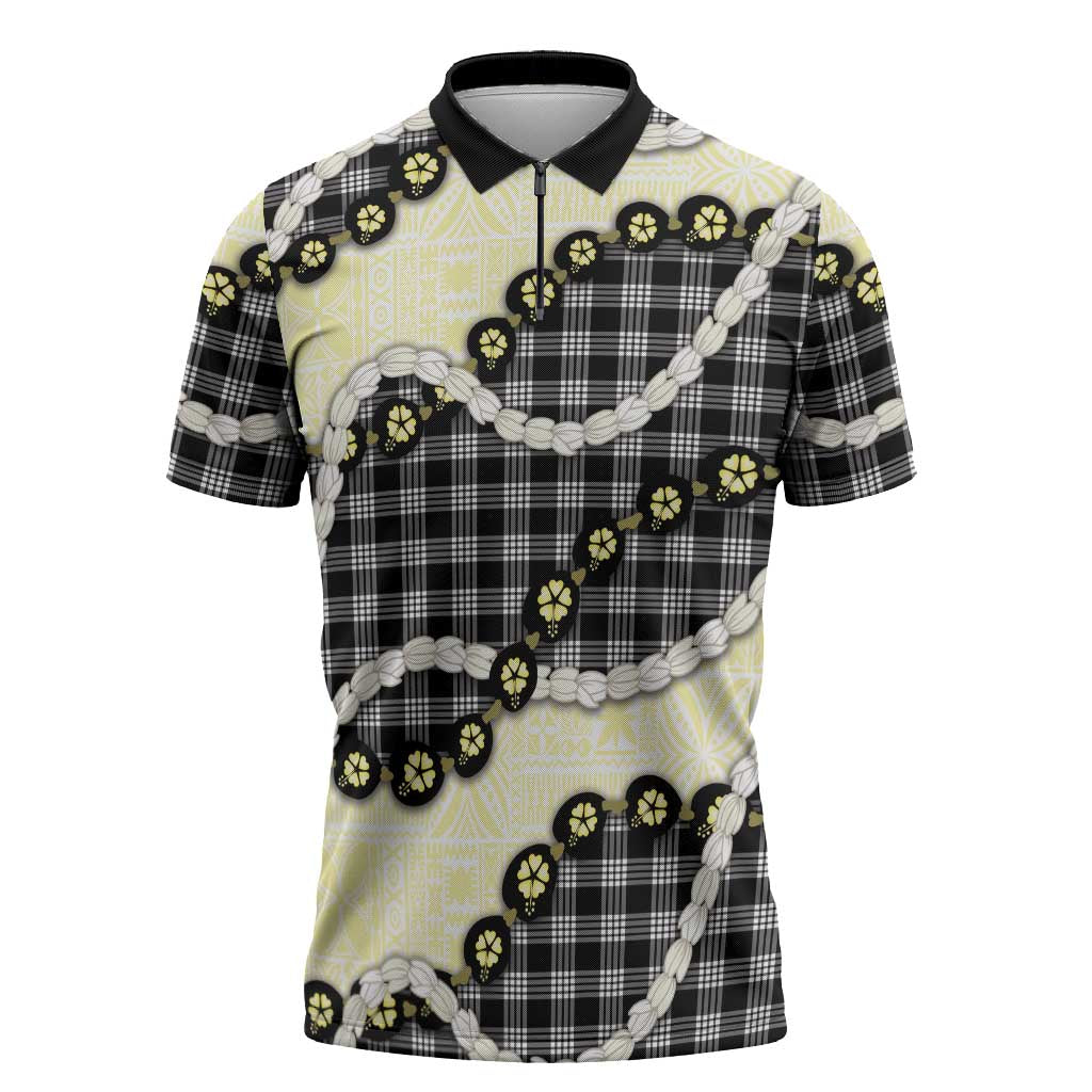 Black Palaka Hawaii Zipper Polo Shirt Kukui Nut Pikake Lei Hawaiian Tapa Pattern - Polynesian Pride