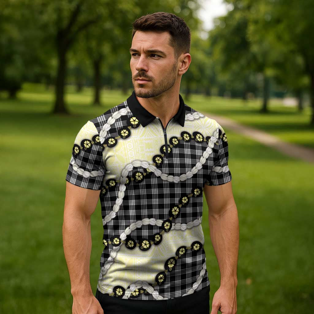 Black Palaka Hawaii Zipper Polo Shirt Kukui Nut Pikake Lei Hawaiian Tapa Pattern - Polynesian Pride