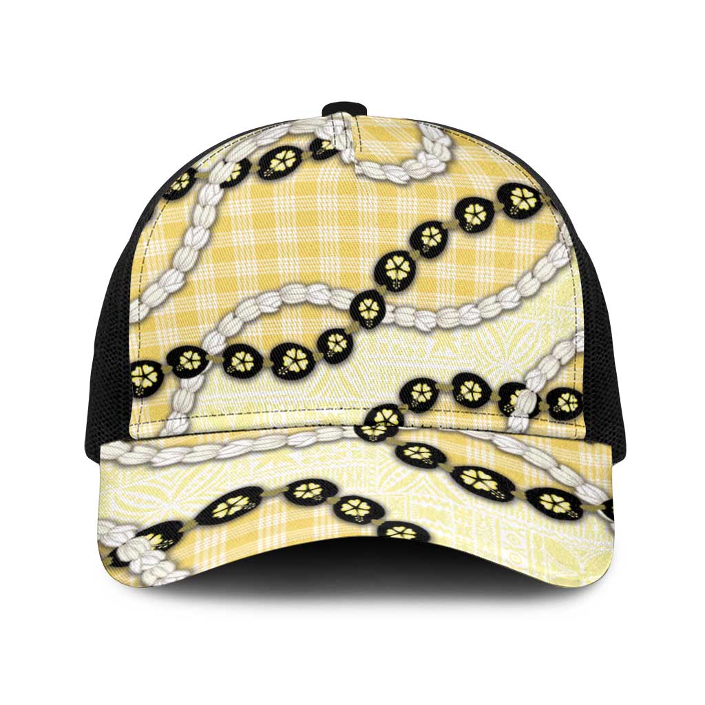 Yellow Palaka Hawaii Baseball Net Cap Kukui Nut Pikake Lei Hawaiian Tapa Pattern - Polynesian Pride