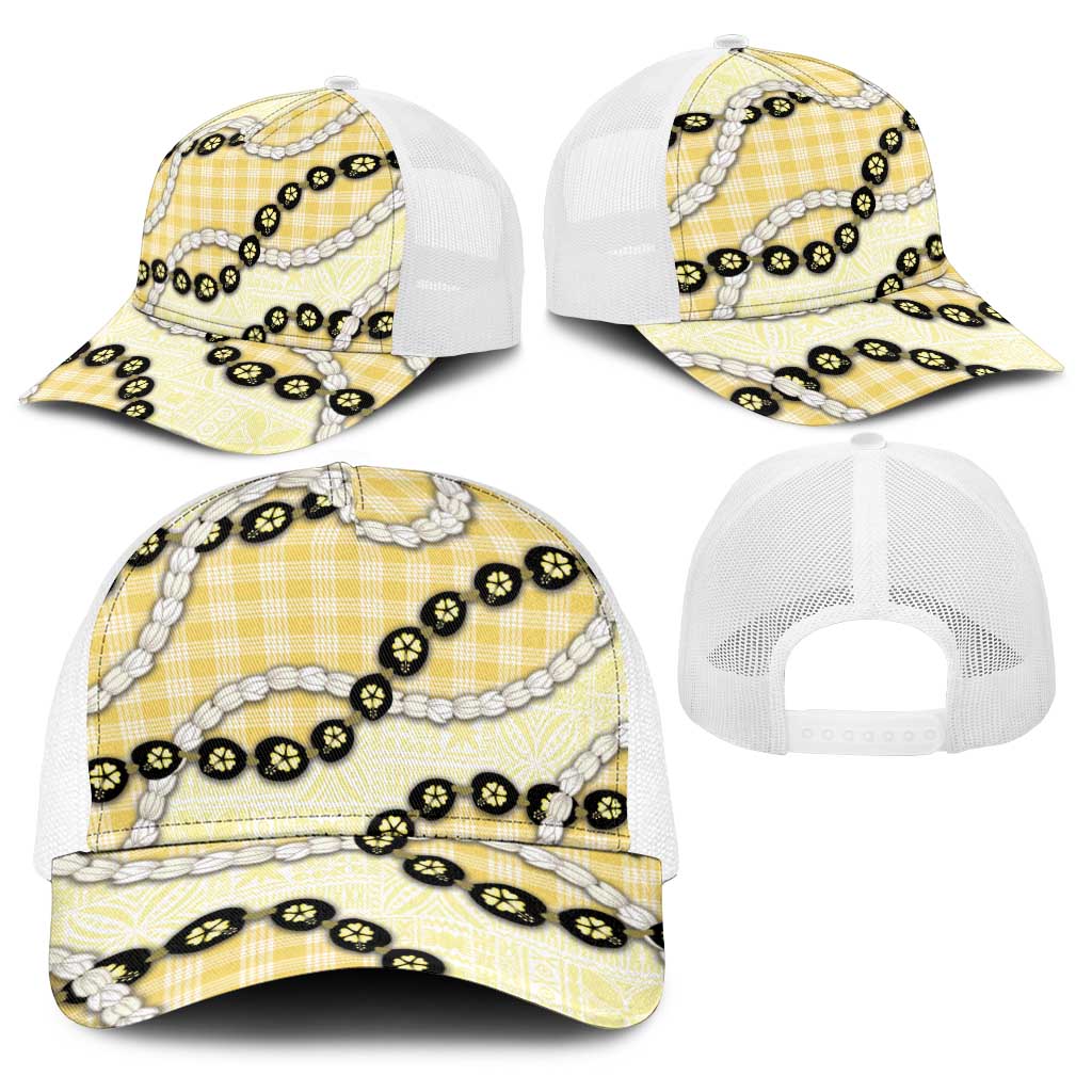 Yellow Palaka Hawaii Baseball Net Cap Kukui Nut Pikake Lei Hawaiian Tapa Pattern - Polynesian Pride