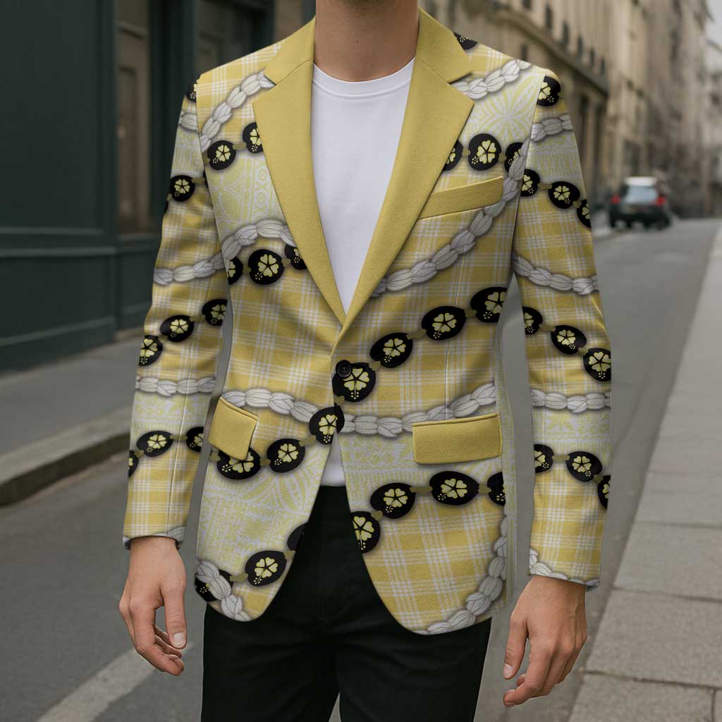 Yellow Palaka Hawaii Blazer Kukui Nut Pikake Lei Hawaiian Tapa Pattern - Polynesian Pride