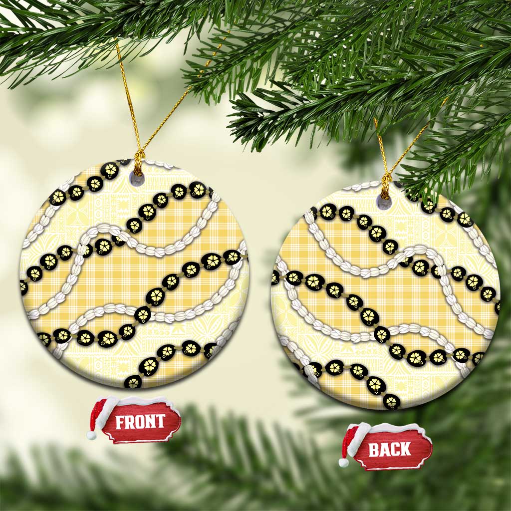 Yellow Palaka Hawaii Ceramic Ornament Kukui Nut Pikake Lei Hawaiian Tapa Pattern - Polynesian Pride