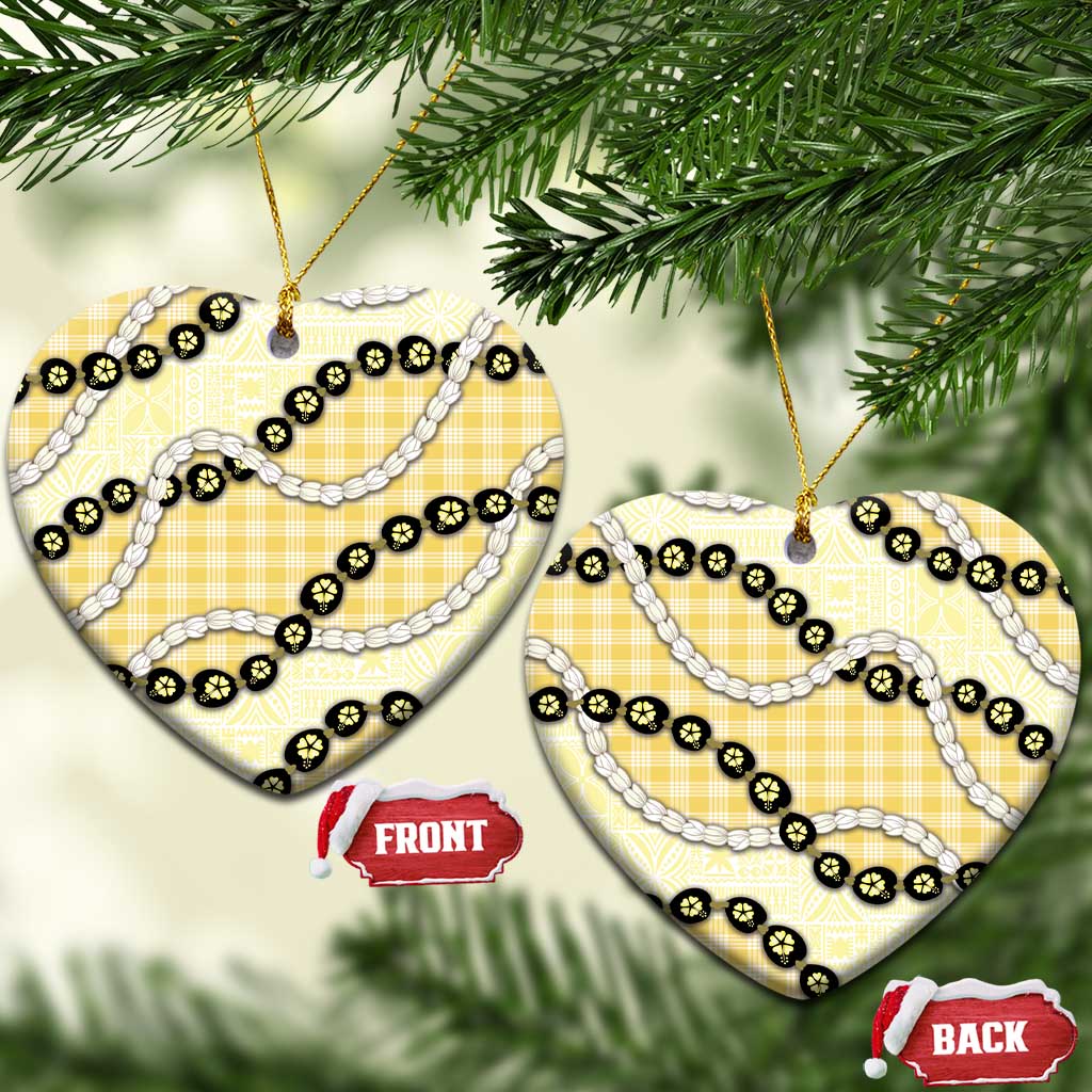 Yellow Palaka Hawaii Ceramic Ornament Kukui Nut Pikake Lei Hawaiian Tapa Pattern - Polynesian Pride