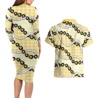Yellow Palaka Hawaii Couples Matching Long Sleeve Bodycon Dress and Hawaiian Shirt Kukui Nut Pikake Lei Hawaiian Tapa Pattern - Polynesian Pride