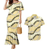 Yellow Palaka Hawaii Couples Matching Mermaid Dress and Hawaiian Shirt Kukui Nut Pikake Lei Hawaiian Tapa Pattern - Polynesian Pride