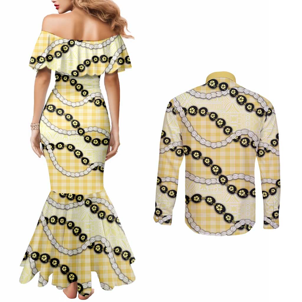 Yellow Palaka Hawaii Couples Matching Mermaid Dress and Long Sleeve Button Shirt Kukui Nut Pikake Lei Hawaiian Tapa Pattern - Polynesian Pride
