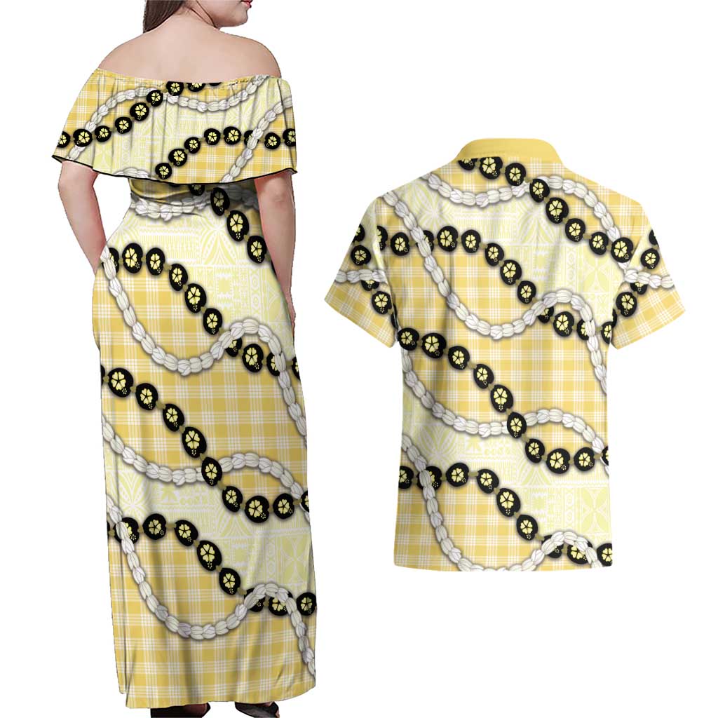 Yellow Palaka Hawaii Couples Matching Off Shoulder Maxi Dress and Hawaiian Shirt Kukui Nut Pikake Lei Hawaiian Tapa Pattern - Polynesian Pride