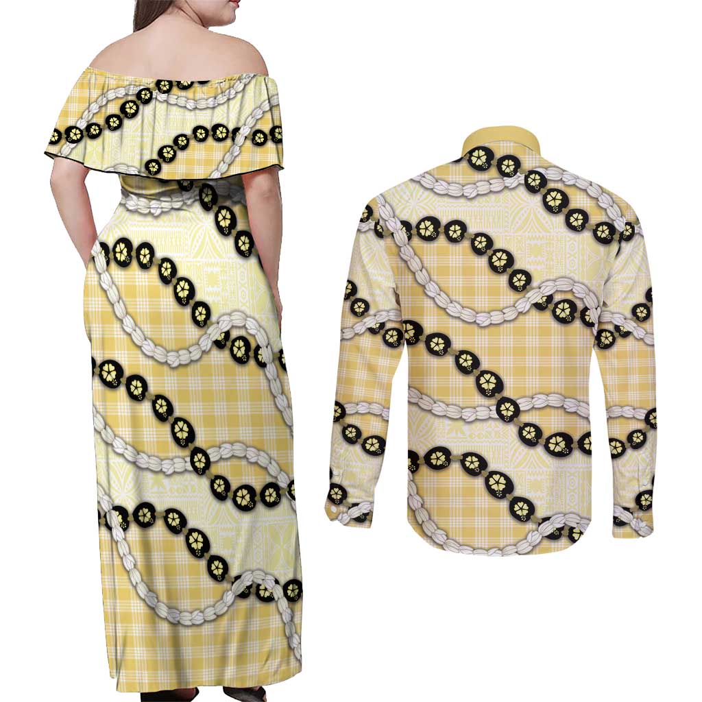 Yellow Palaka Hawaii Couples Matching Off Shoulder Maxi Dress and Long Sleeve Button Shirt Kukui Nut Pikake Lei Hawaiian Tapa Pattern LT14 - Polynesian Pride