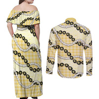 Yellow Palaka Hawaii Couples Matching Off Shoulder Maxi Dress and Long Sleeve Button Shirt Kukui Nut Pikake Lei Hawaiian Tapa Pattern LT14 - Polynesian Pride