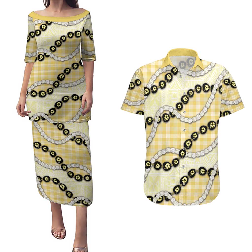 Yellow Palaka Hawaii Couples Matching Puletasi and Hawaiian Shirt Kukui Nut Pikake Lei Hawaiian Tapa Pattern - Polynesian Pride