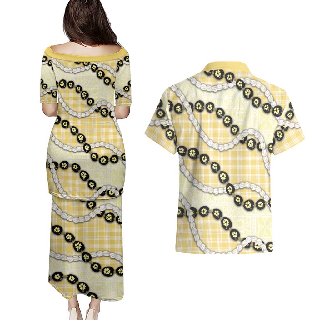 Yellow Palaka Hawaii Couples Matching Puletasi and Hawaiian Shirt Kukui Nut Pikake Lei Hawaiian Tapa Pattern - Polynesian Pride
