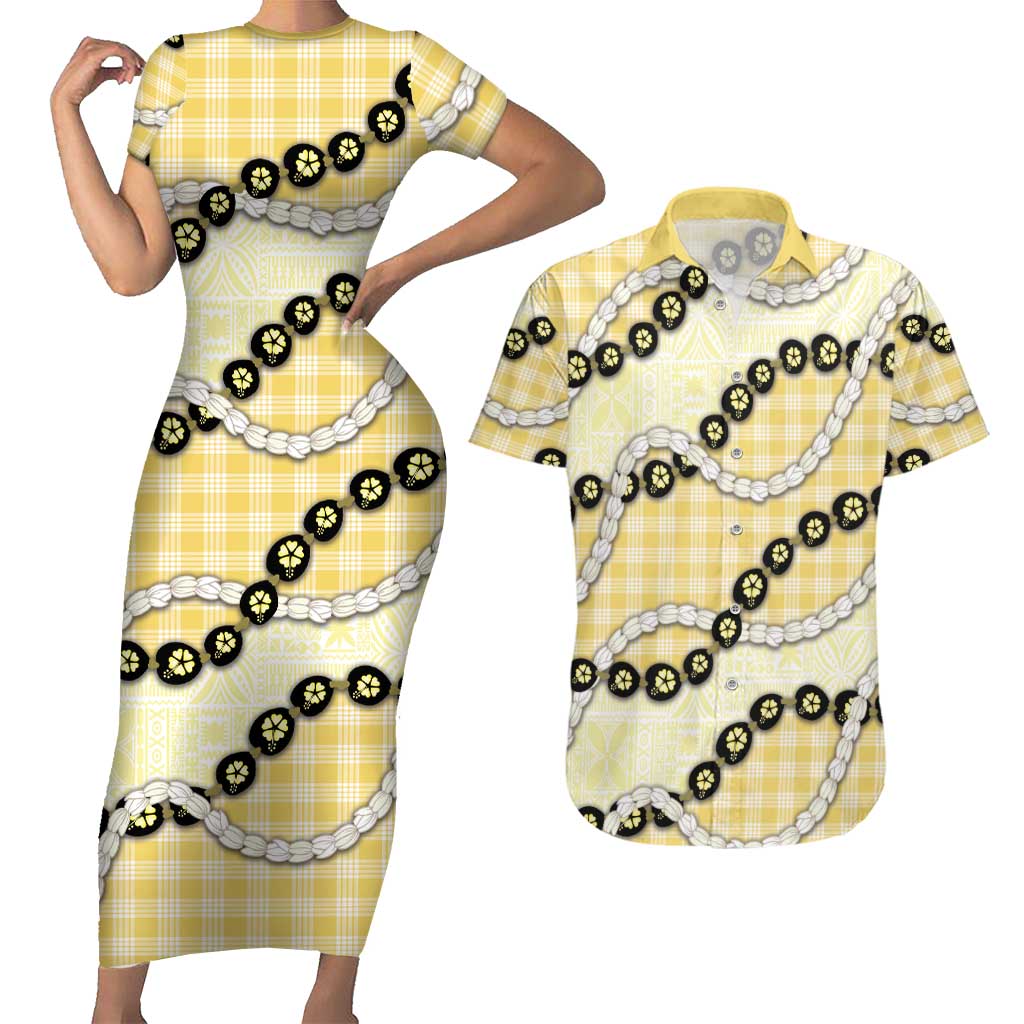 Yellow Palaka Hawaii Couples Matching Short Sleeve Bodycon Dress and Hawaiian Shirt Kukui Nut Pikake Lei Hawaiian Tapa Pattern - Polynesian Pride