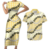 Yellow Palaka Hawaii Couples Matching Short Sleeve Bodycon Dress and Hawaiian Shirt Kukui Nut Pikake Lei Hawaiian Tapa Pattern - Polynesian Pride