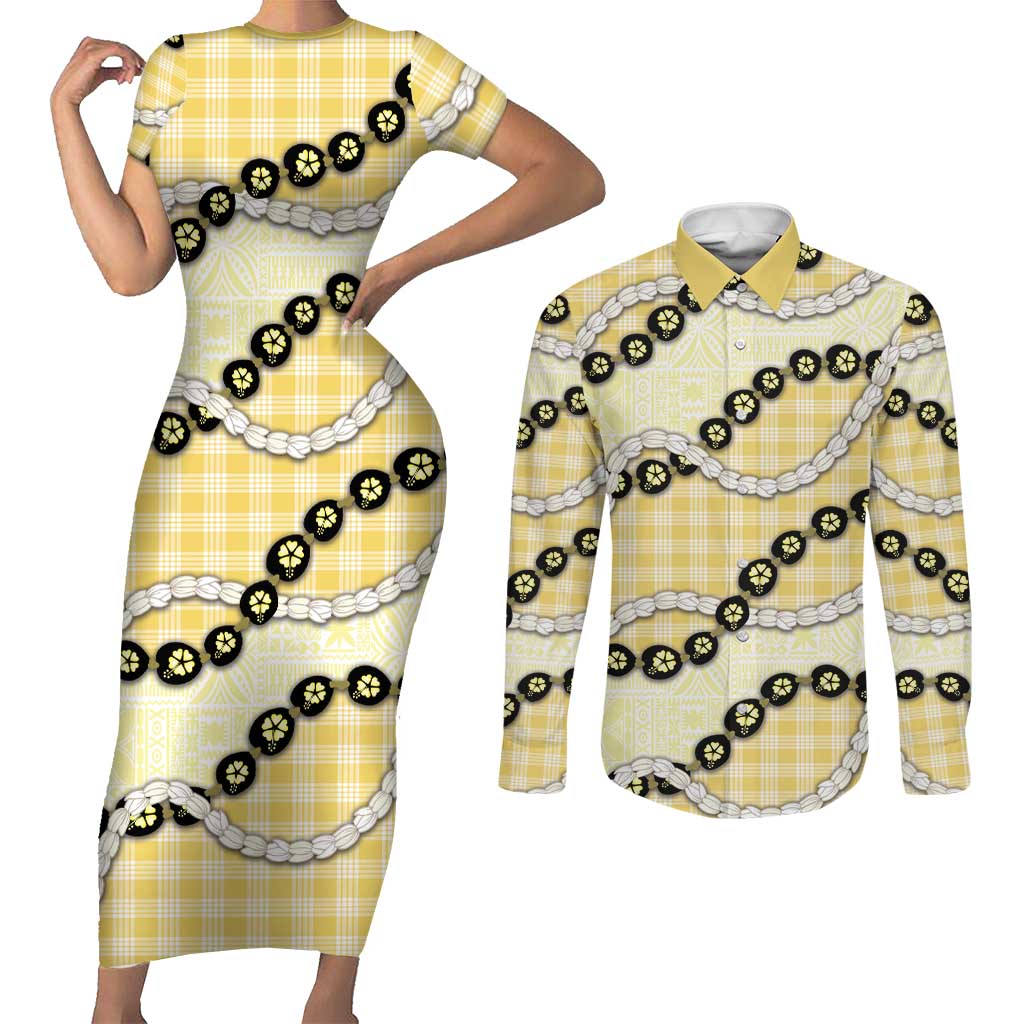 Yellow Palaka Hawaii Couples Matching Short Sleeve Bodycon Dress and Long Sleeve Button Shirt Kukui Nut Pikake Lei Hawaiian Tapa Pattern - Polynesian Pride