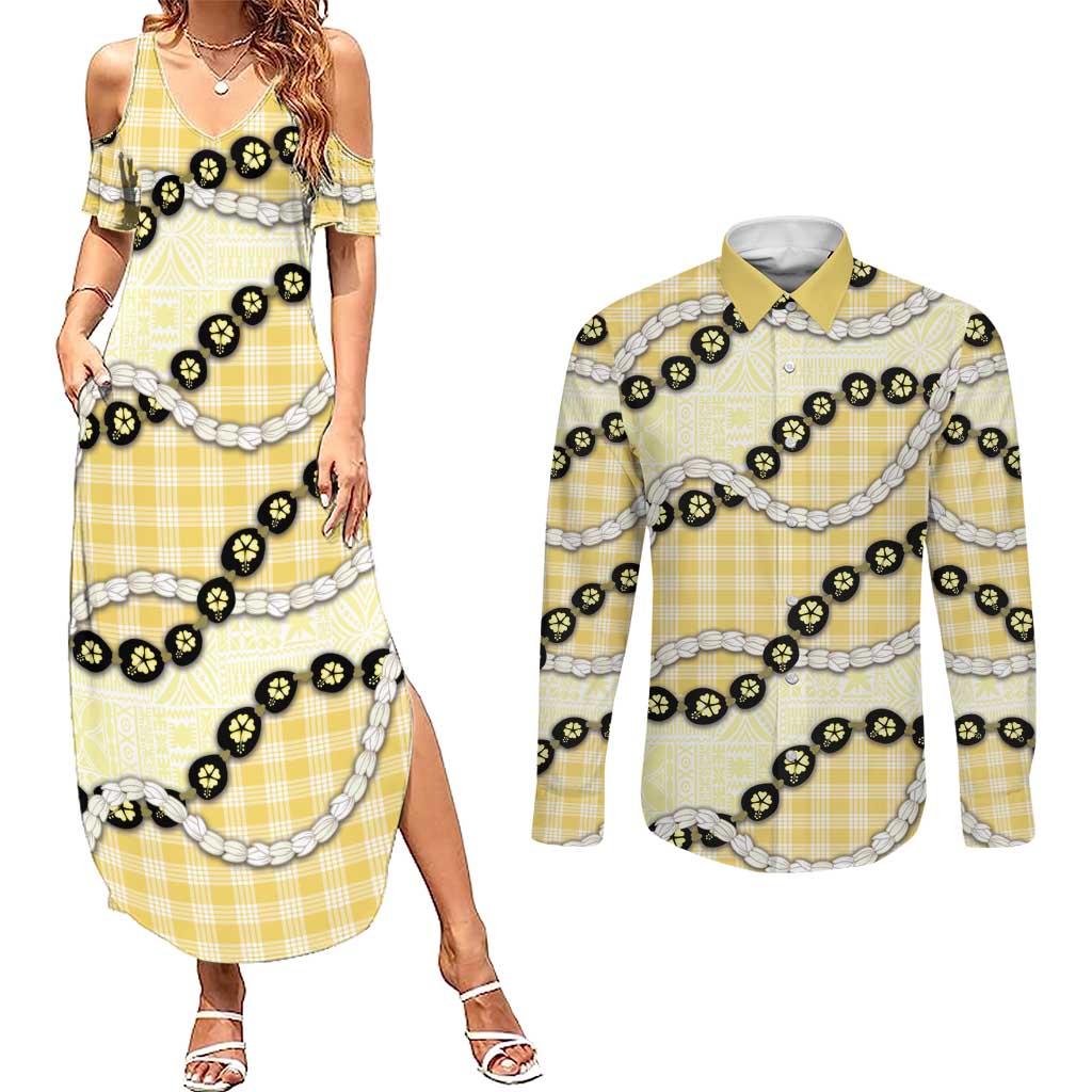 Yellow Palaka Hawaii Couples Matching Summer Maxi Dress and Long Sleeve Button Shirt Kukui Nut Pikake Lei Hawaiian Tapa Pattern - Polynesian Pride