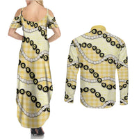 Yellow Palaka Hawaii Couples Matching Summer Maxi Dress and Long Sleeve Button Shirt Kukui Nut Pikake Lei Hawaiian Tapa Pattern - Polynesian Pride