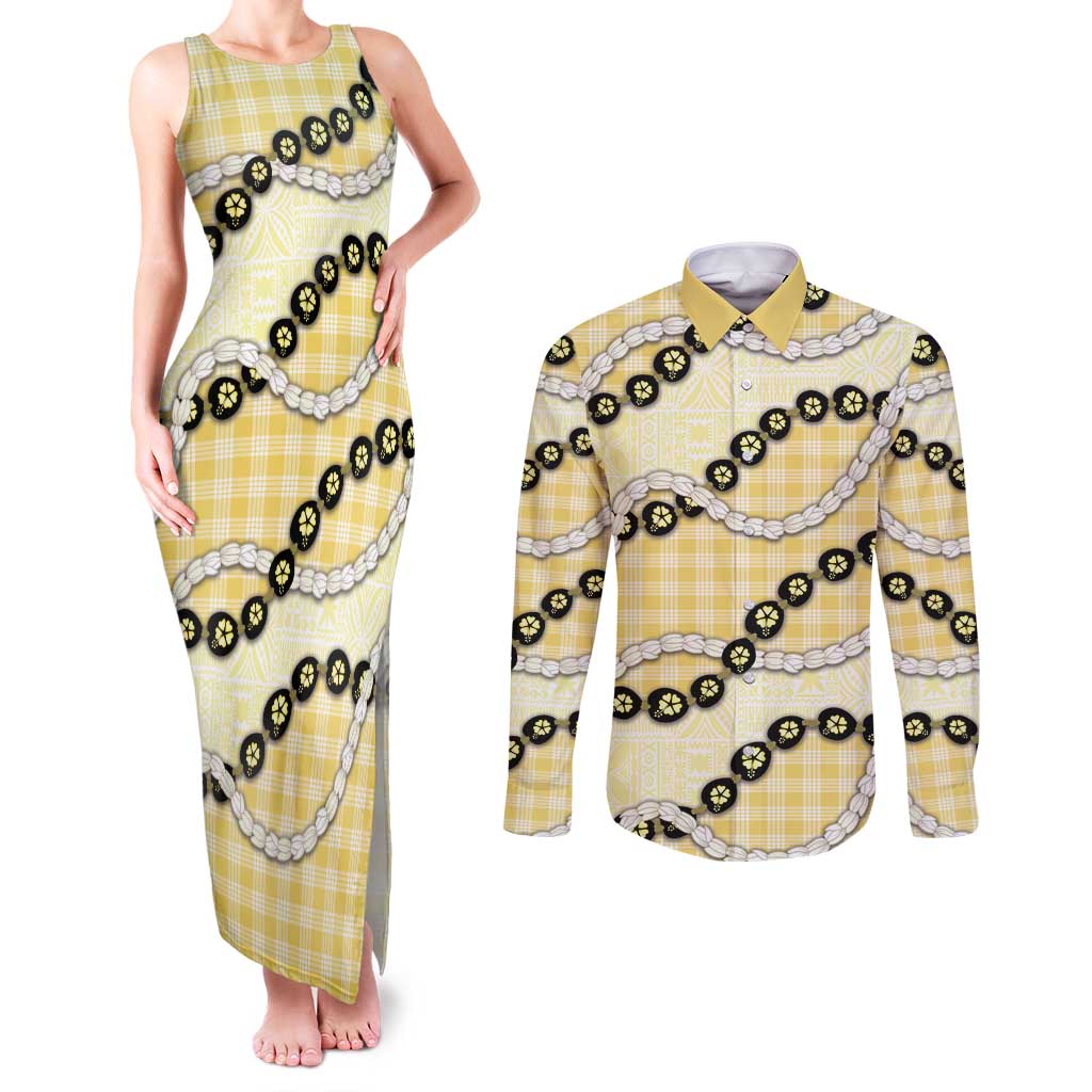Yellow Palaka Hawaii Couples Matching Tank Maxi Dress and Long Sleeve Button Shirt Kukui Nut Pikake Lei Hawaiian Tapa Pattern - Polynesian Pride