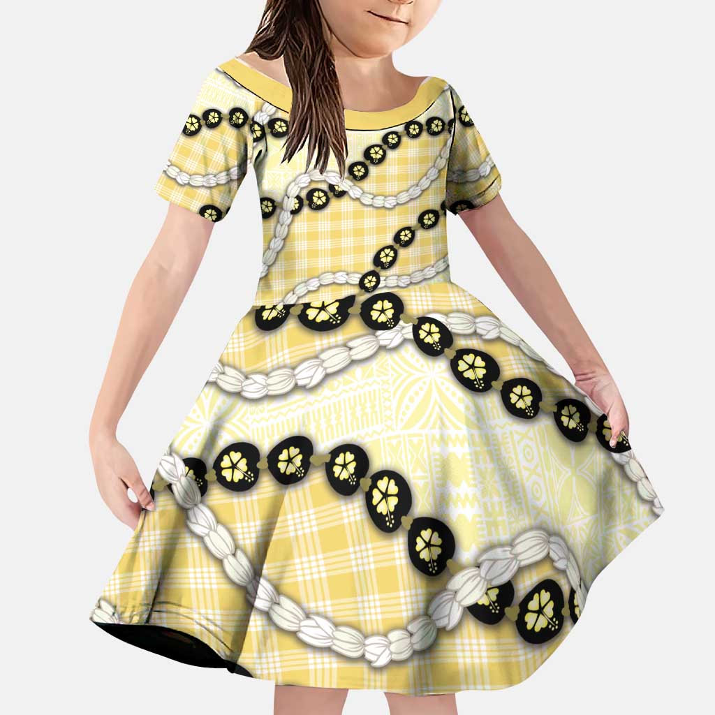 Yellow Palaka Hawaii Family Matching Long Sleeve Bodycon Dress and Hawaiian Shirt Kukui Nut Pikake Lei Hawaiian Tapa Pattern LT14 Daughter's Dress Yellow - Polynesian Pride
