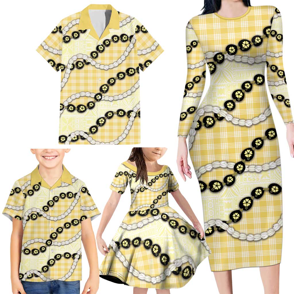 Yellow Palaka Hawaii Family Matching Long Sleeve Bodycon Dress and Hawaiian Shirt Kukui Nut Pikake Lei Hawaiian Tapa Pattern - Polynesian Pride