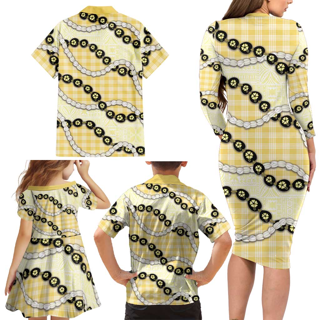 Yellow Palaka Hawaii Family Matching Long Sleeve Bodycon Dress and Hawaiian Shirt Kukui Nut Pikake Lei Hawaiian Tapa Pattern LT14 - Polynesian Pride