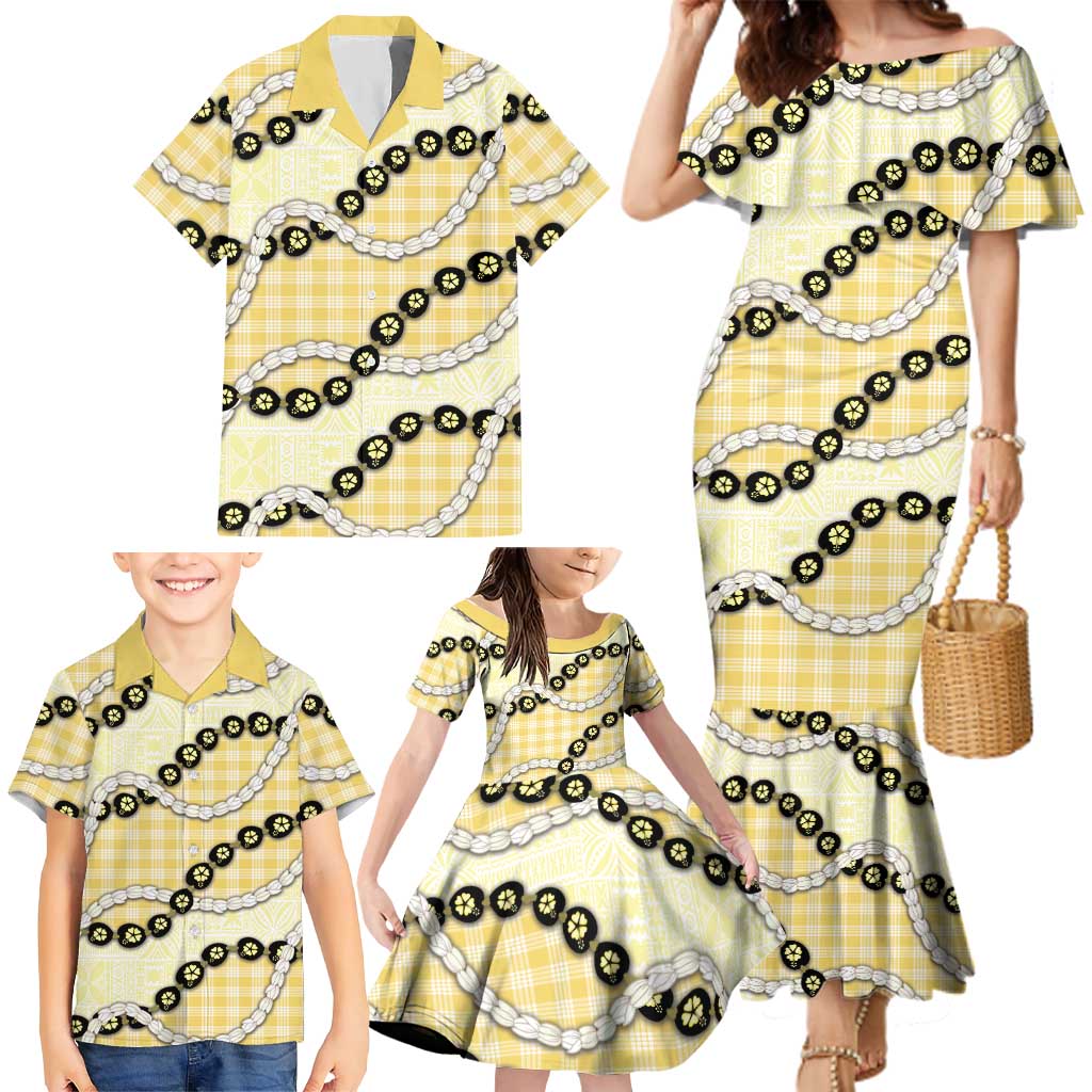 Yellow Palaka Hawaii Family Matching Mermaid Dress and Hawaiian Shirt Kukui Nut Pikake Lei Hawaiian Tapa Pattern - Polynesian Pride