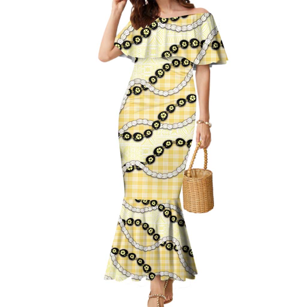 Yellow Palaka Hawaii Family Matching Mermaid Dress and Hawaiian Shirt Kukui Nut Pikake Lei Hawaiian Tapa Pattern LT14 Mom's Dress Yellow - Polynesian Pride