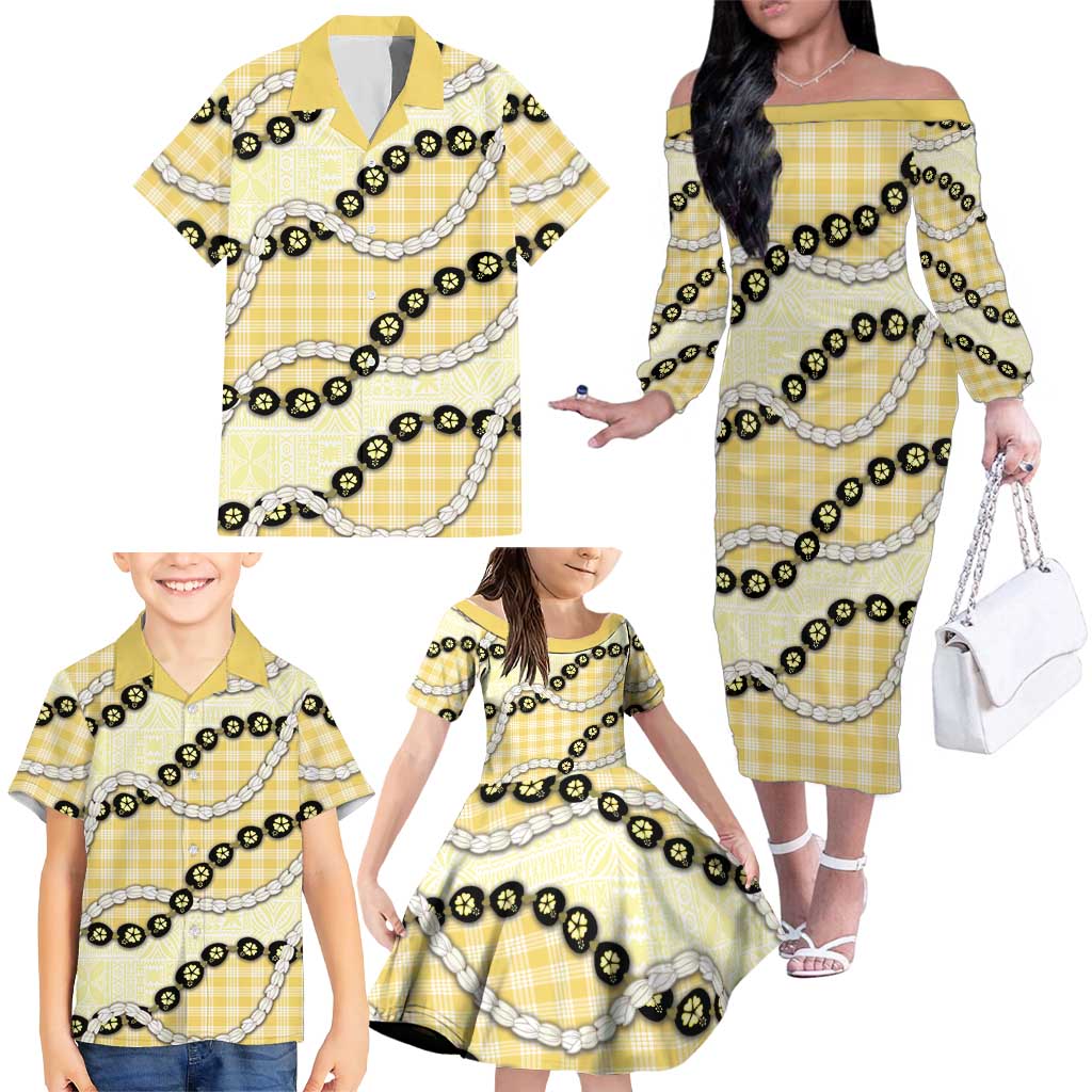 Yellow Palaka Hawaii Family Matching Off The Shoulder Long Sleeve Dress and Hawaiian Shirt Kukui Nut Pikake Lei Hawaiian Tapa Pattern - Polynesian Pride