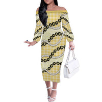 Yellow Palaka Hawaii Family Matching Off The Shoulder Long Sleeve Dress and Hawaiian Shirt Kukui Nut Pikake Lei Hawaiian Tapa Pattern LT14 Mom's Dress Yellow - Polynesian Pride
