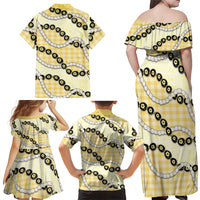 Yellow Palaka Hawaii Family Matching Off Shoulder Maxi Dress and Hawaiian Shirt Kukui Nut Pikake Lei Hawaiian Tapa Pattern LT14 - Polynesian Pride