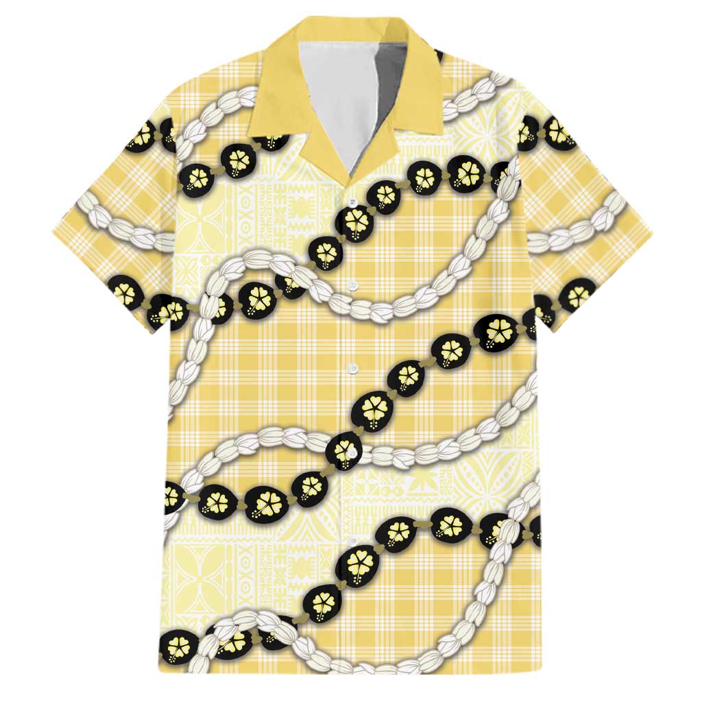 Yellow Palaka Hawaii Family Matching Off Shoulder Maxi Dress and Hawaiian Shirt Kukui Nut Pikake Lei Hawaiian Tapa Pattern LT14 Dad's Shirt - Short Sleeve Yellow - Polynesian Pride