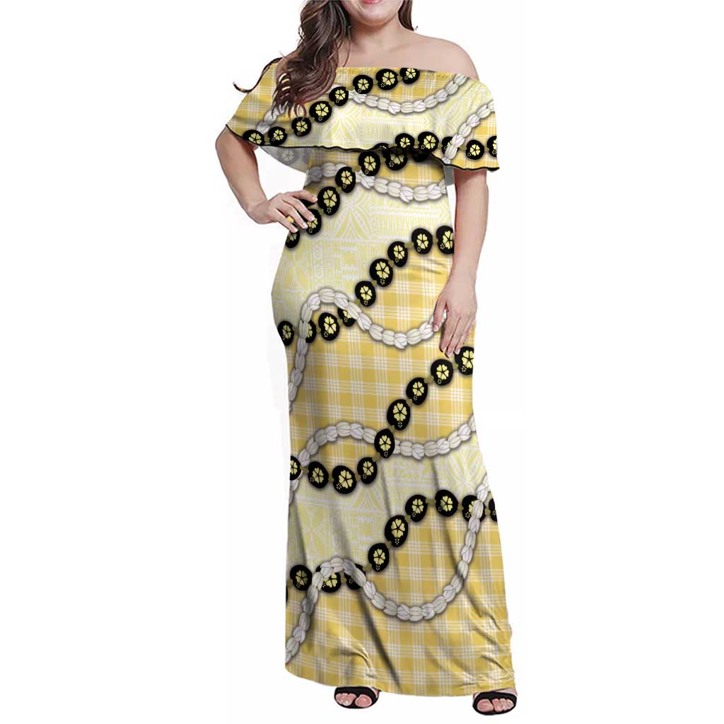 Yellow Palaka Hawaii Family Matching Off Shoulder Maxi Dress and Hawaiian Shirt Kukui Nut Pikake Lei Hawaiian Tapa Pattern LT14 Mom's Dress Yellow - Polynesian Pride