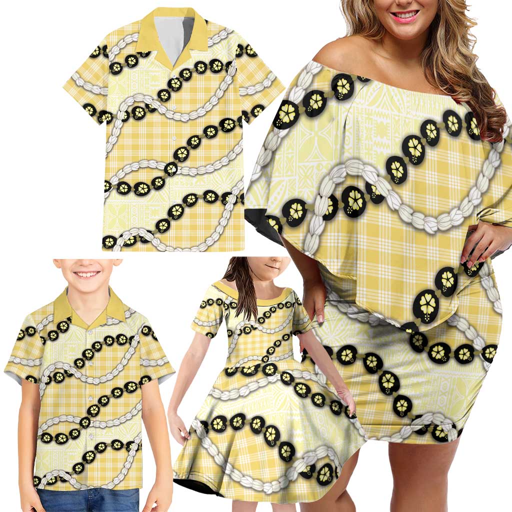 Yellow Palaka Hawaii Family Matching Off Shoulder Short Dress and Hawaiian Shirt Kukui Nut Pikake Lei Hawaiian Tapa Pattern - Polynesian Pride
