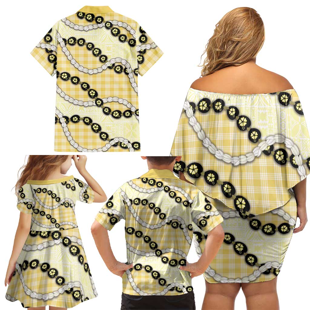 Yellow Palaka Hawaii Family Matching Off Shoulder Short Dress and Hawaiian Shirt Kukui Nut Pikake Lei Hawaiian Tapa Pattern LT14 - Polynesian Pride
