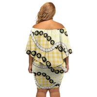 Yellow Palaka Hawaii Family Matching Off Shoulder Short Dress and Hawaiian Shirt Kukui Nut Pikake Lei Hawaiian Tapa Pattern LT14 - Polynesian Pride