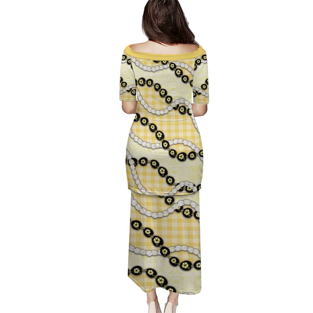 Yellow Palaka Hawaii Family Matching Puletasi and Hawaiian Shirt Kukui Nut Pikake Lei Hawaiian Tapa Pattern - Polynesian Pride