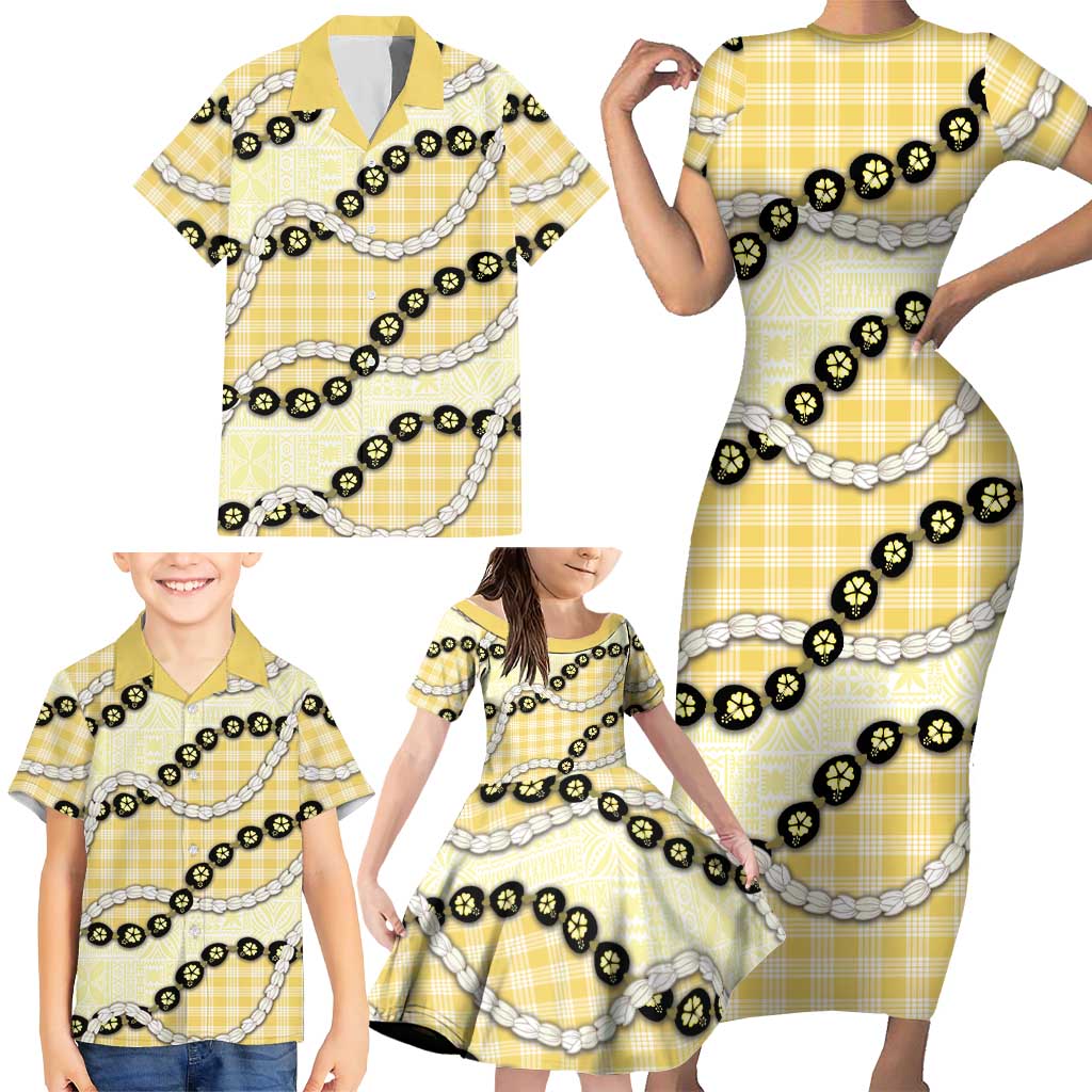 Yellow Palaka Hawaii Family Matching Short Sleeve Bodycon Dress and Hawaiian Shirt Kukui Nut Pikake Lei Hawaiian Tapa Pattern - Polynesian Pride