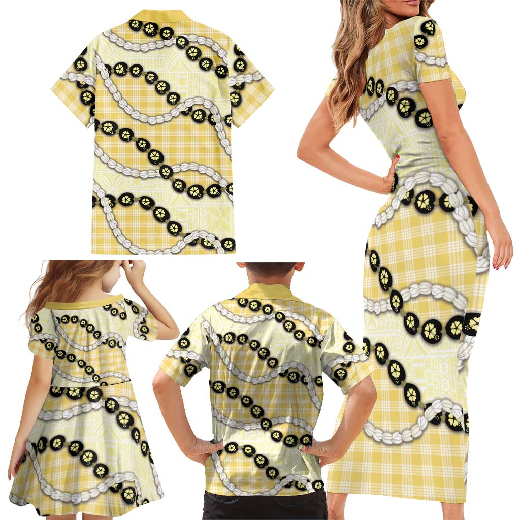 Yellow Palaka Hawaii Family Matching Short Sleeve Bodycon Dress and Hawaiian Shirt Kukui Nut Pikake Lei Hawaiian Tapa Pattern LT14 - Polynesian Pride