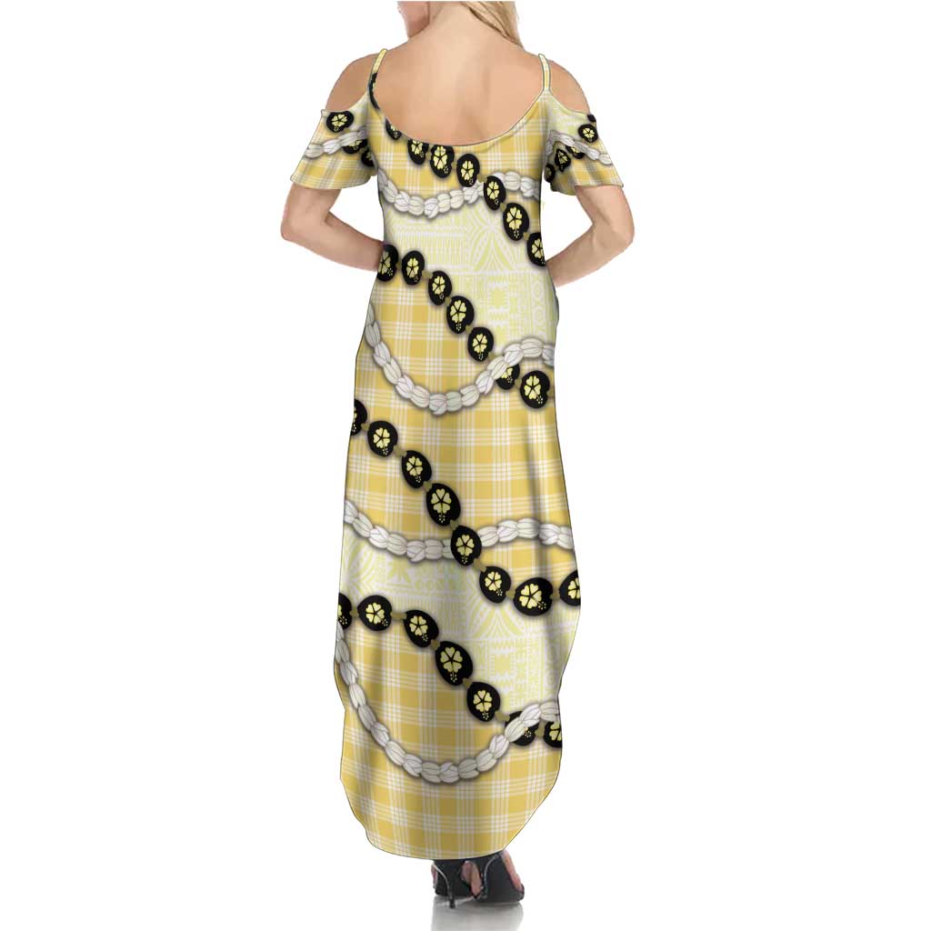 Yellow Palaka Hawaii Family Matching Summer Maxi Dress and Hawaiian Shirt Kukui Nut Pikake Lei Hawaiian Tapa Pattern LT14 - Polynesian Pride