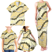 Yellow Palaka Hawaii Family Matching Tank Maxi Dress and Hawaiian Shirt Kukui Nut Pikake Lei Hawaiian Tapa Pattern LT14 - Polynesian Pride