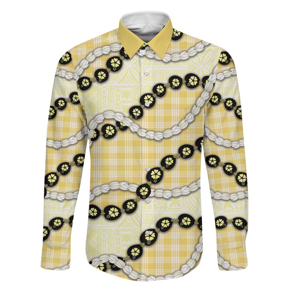 Yellow Palaka Hawaii Family Matching Tank Maxi Dress and Hawaiian Shirt Kukui Nut Pikake Lei Hawaiian Tapa Pattern LT14 Dad's Shirt - Long Sleeve Yellow - Polynesian Pride