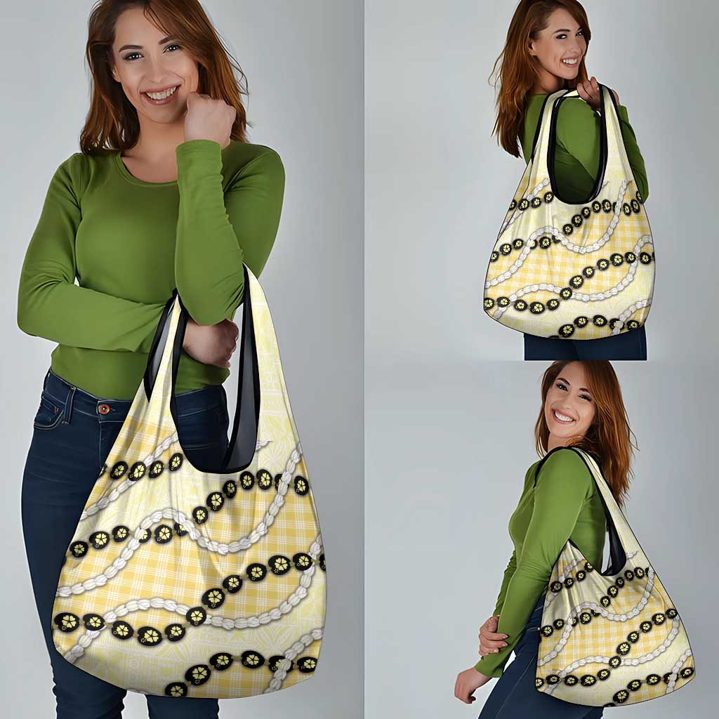 Yellow Palaka Hawaii Grocery Bag Kukui Nut Pikake Lei Hawaiian Tapa Pattern - Polynesian Pride